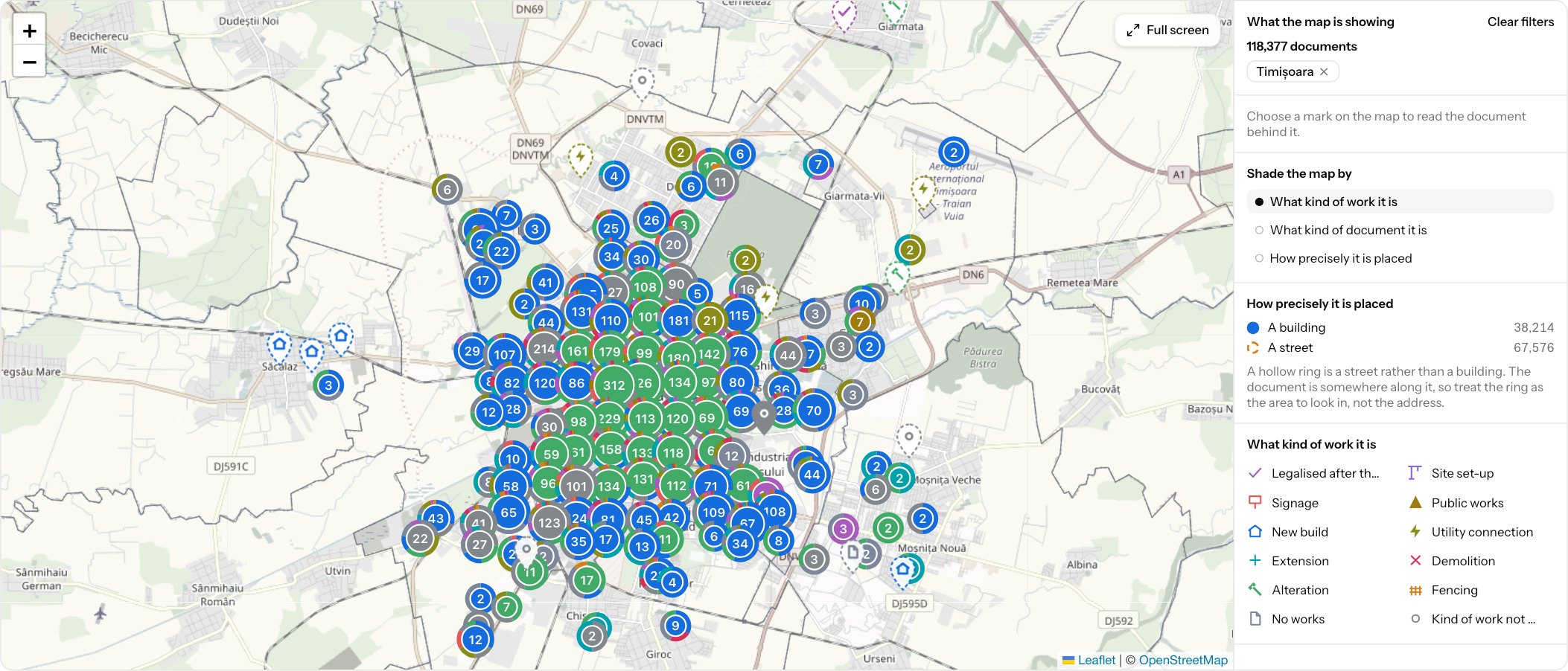 A map of Timișoara with construction projects, each at its own address.