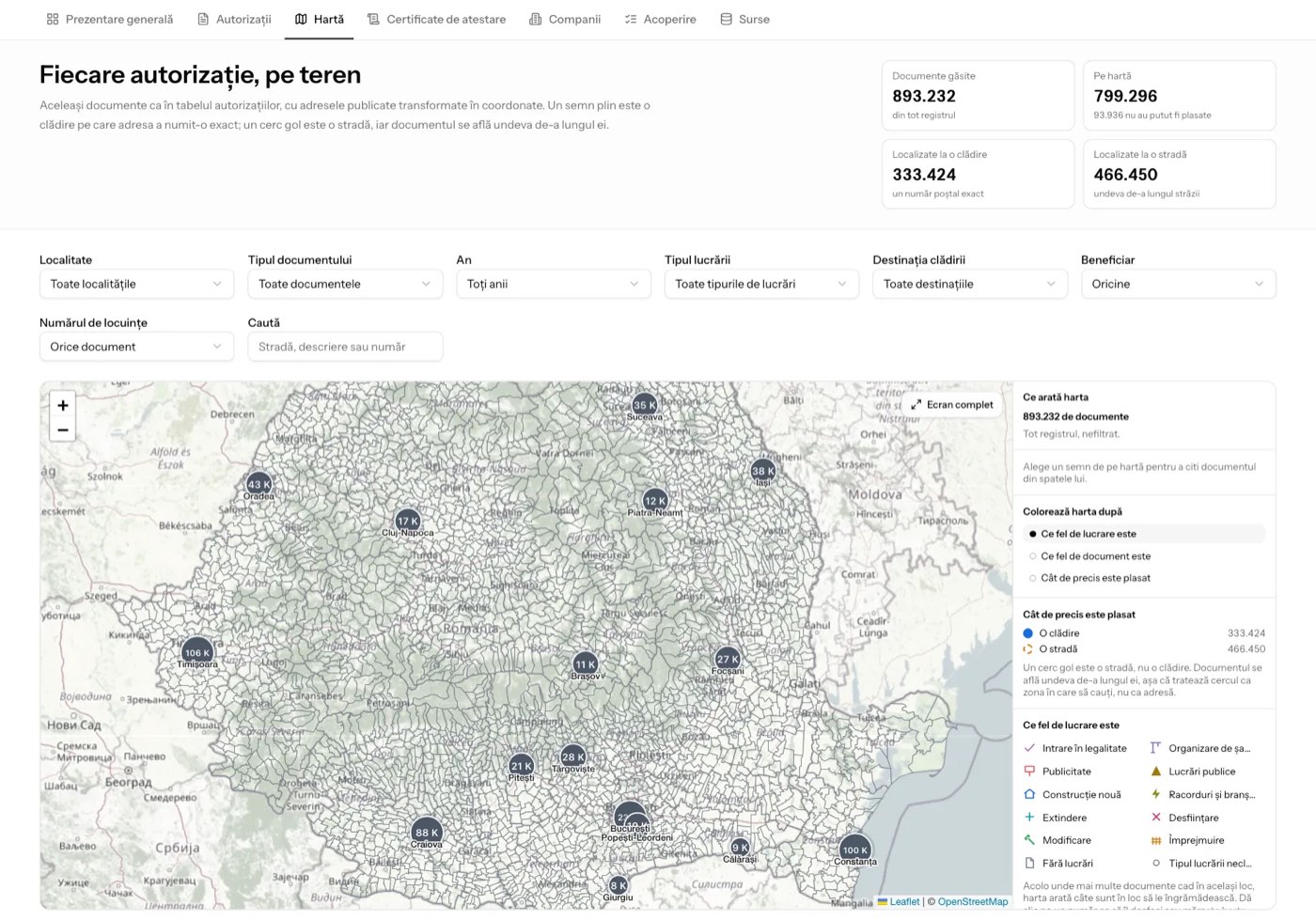 Harta României cu orașele acoperite de Nexis Data și câte proiecte are fiecare.